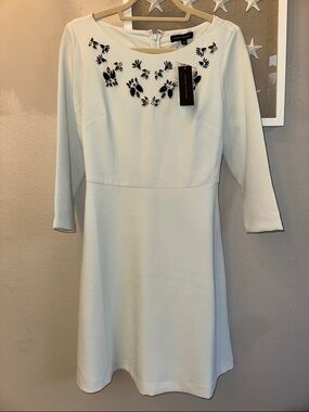 Banana Republic Ivory Embellished Long-Sleeve A-Line Dress